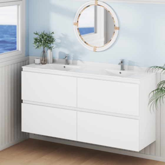 Marine Cabinets-COMARS150 wallhung Alpine Marine Double Drawer PVC Vanity Unit Double Bowl 150cm