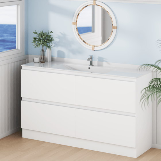 Marine Single Cabinet Bathroom-COMARS150 kickrail Marine Double Drawer & Kickboard PVC Vanity Unit Single Bowl 150cm